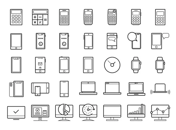 Aygıt hattı simge kümesi. Taşınabilir kompakt kişisel bilgisayar, akıllı telefon, cep telefonu, bilgi yönetimi, cep telefonu aramaları için gadgets, gönderme e-posta. Vektör hat illüstrasyon, beyaz arka plan sanat.