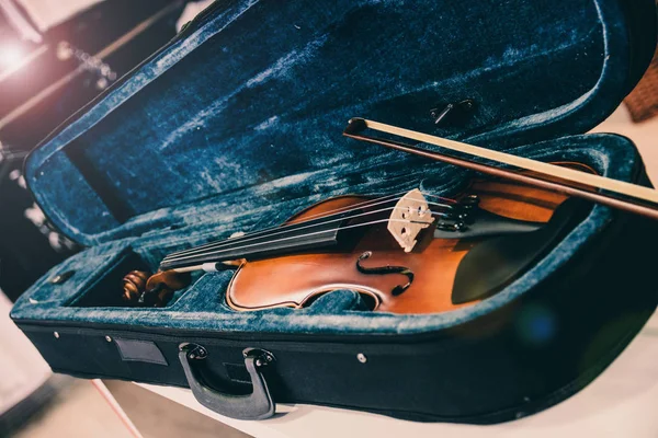 Kendi halinde kemanı. Mavi kadife keman durumda müzik mağazasında