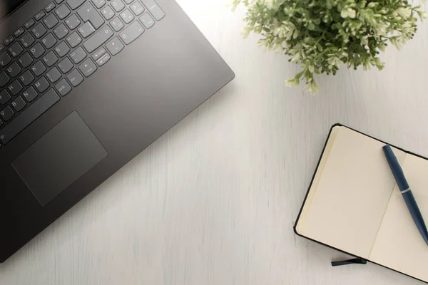 Düz yatıyordu masa üstü dizüstü, bitki, kalem ve defter veya günlüğü