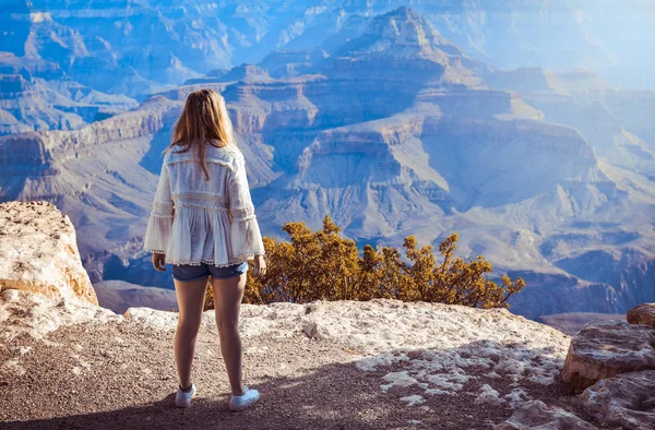 Güneş doğarken Büyük Kanyon. Turist kadın kız uzun yürüyüşe çıkan kimse bitki veya Büyük Kanyon, Arizona, ABD güzel sahne izlerken çalılar ile.