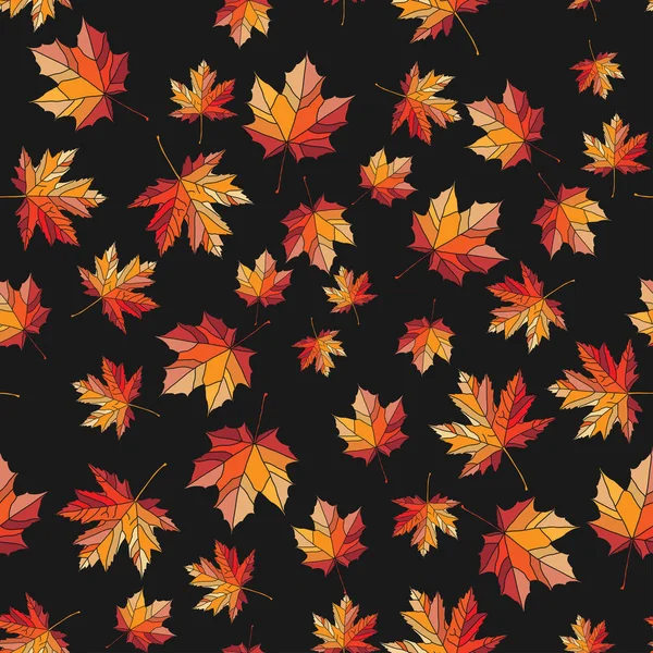Red and oragne maple leaf pattern on dark background. Texture for backgrounds or decorations.