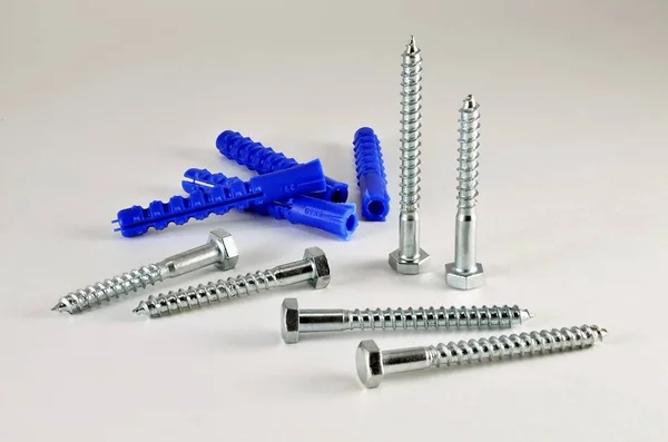Lots-in plastik dübel ve beyaz zemin üzerine vida