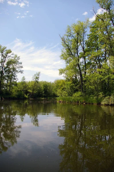 Güneşli yaz gününde Volga Nehri'ndeki adalar arasında sessiz akışı