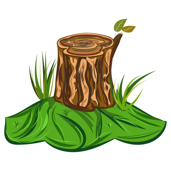 Arbre Stump Illustration d'un dessin animé grand tronc d'arbre avec banc et quelques brins d'herbe — Image vectorielle