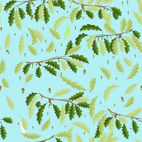 青空の背景を持つ葉とドングリのシームレスなパターンを持つオークの枝 — ストックベクタ
