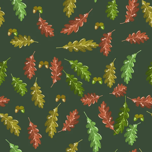 Accorn de chêne et vecteur feuille d'automne motif sans couture automne fond vert foncé — Image vectorielle