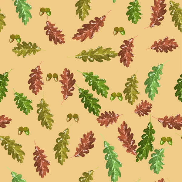 オークアクコーンと秋葉ベクトルシームレスパターン秋の赤背景 — ストックベクタ