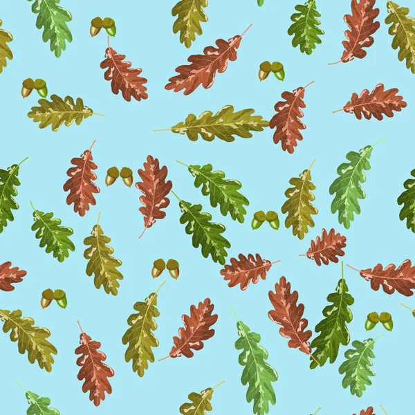 オークアクコーンと秋葉シームレスパターン秋の青い背景 — ストックベクタ