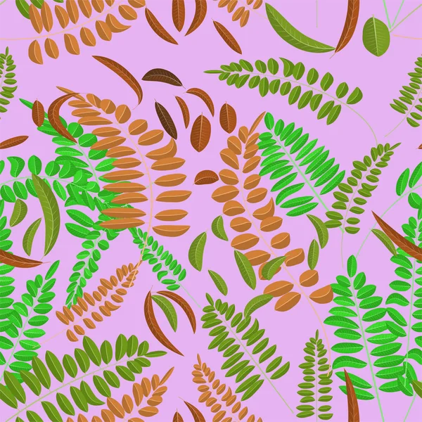 Motif sans couture avec feuille d'acacia verte et gingembre sur fond violet. Illustration vectorielle, automne, feuilles d'acacia — Image vectorielle