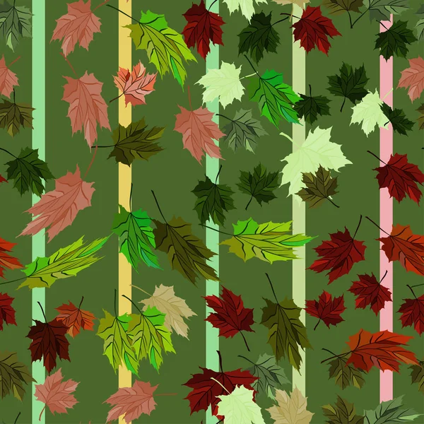Maple Leaves vector naadloze patroon herfst gestreepte groene stijl — Stockvector