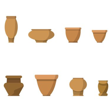 Beyaz arka planda izole kahverengi düz çiçek kap vektör seti. Karikatür dekorasyon için iyi