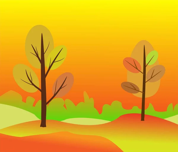 Ilustração vetorial da bela paisagem dourada de outono em vermelho amarelo cores de outono fundo em estilo elegante moderno com árvores de outono na floresta. Beatiful vetor outono cores paisagem —  Vetores de Stock