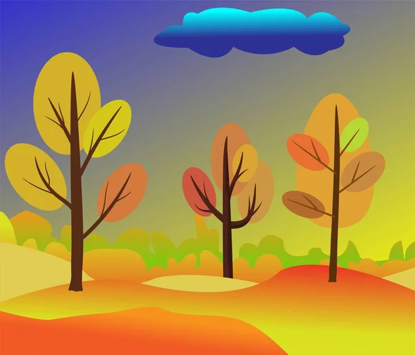 Ilustração vetorial da bela paisagem dourada de outono na nuvem amarela vermelha de outono e cores de fundo em estilo elegante moderno com árvores de outono na floresta. Beatiful paisagem vetor outono —  Vetores de Stock