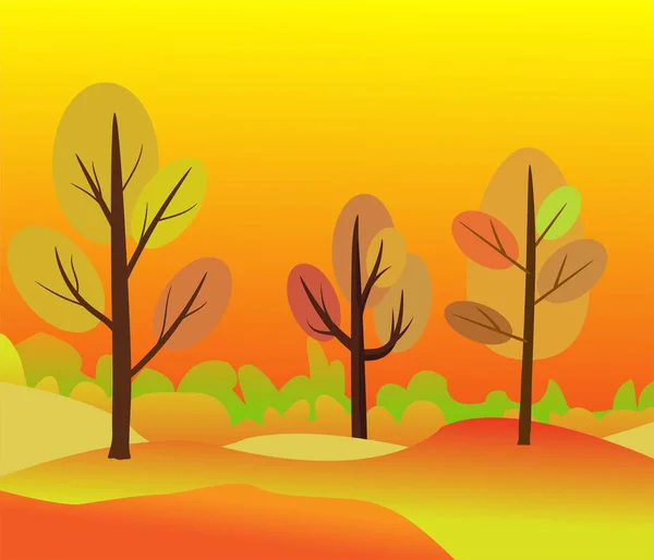 Webδιανύσματος εικόνα του όμορφου χρυσού φθινοπωρινού τοπίου σε κόκκινο κίτρινο φθινόπωρο χρώματα φόντο σε μοντέρνο κομψό στυλ με τα δέντρα του φθινοπώρου στο δάσος. Όμορφη διάνυσμα φθινόπωρο χρώματα τοπίο — Διανυσματικό Αρχείο