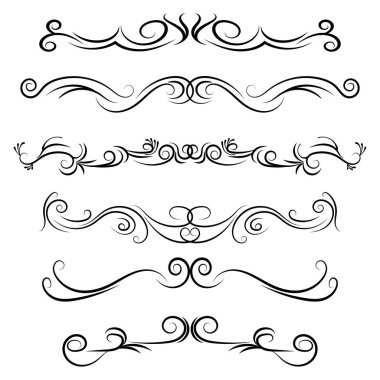 El çizimi vektör ayırıcılar. Dekoratif girdap çizgileri, gelişmiş kenarlar ve kıvrımlar. Tasarım ögeleri 6