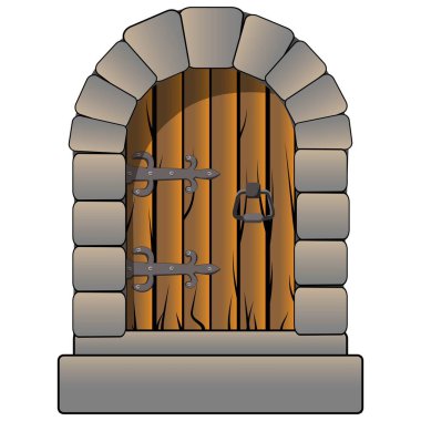 Beyaz üzerine izole edilmiş Ortaçağ Karikatür Şatosu. Antika kapı menteşeleri ve katı taşlar.