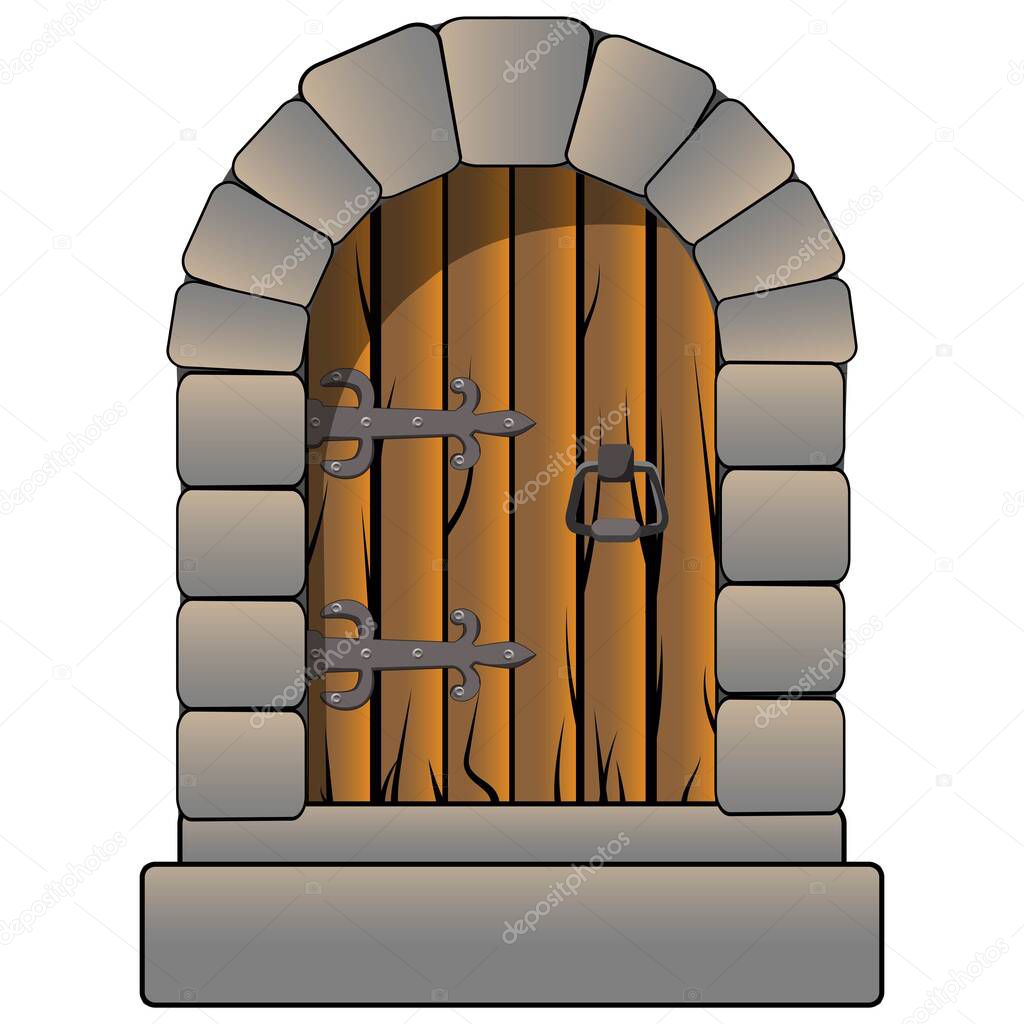 Castle door medieval vector cartoon style isolated on white. Clip art vintage antique door hinges and solid stones