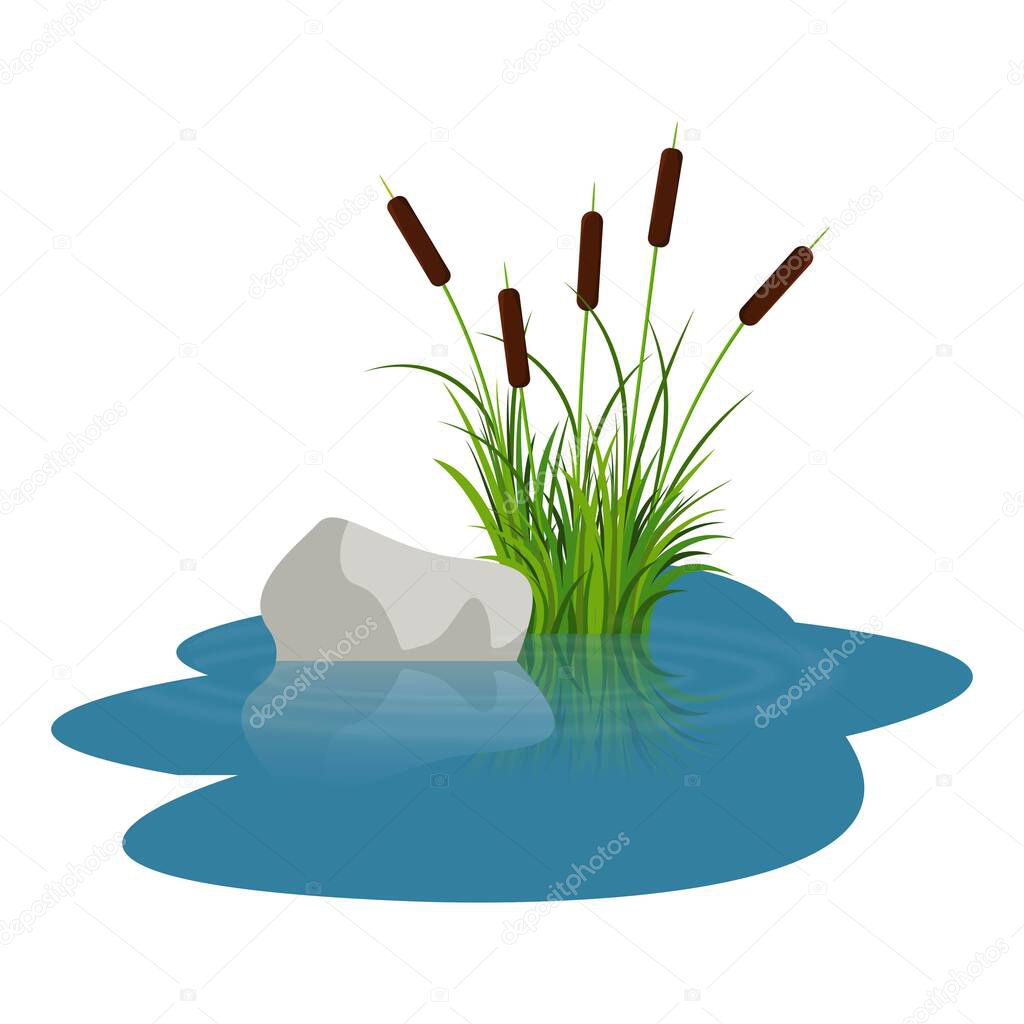 Bush reeds with stone on the water. Reeds stern and grey stone reflected in the lake water with water rounds. Bush reeds and stone vector on the water. Art illustration good for cartoon background or props