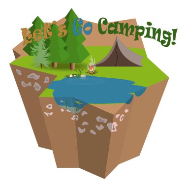 Kamp yapmaya ve balık tutmaya gidelim. Vektör stilinde dinlenme doğa illüstrasyonunun 3 boyutlu izometrik ada bileşimi. Yaz ormanı ve güzel su zambakları ve sazlık çalıları olan çekici göle yakın bir çadır. Çadırlı manzara, şenlik ateşi, balıklı göl,