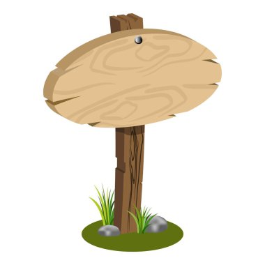 Beyaz üzerine izole edilmiş tahta çizgi film boş oval işaret posteri. Yeşil çimenli ve altında güzel taşlar olan eski ahşap boş afiş dekorları. Çizgi film ve oyun animasyonu için iyidir..