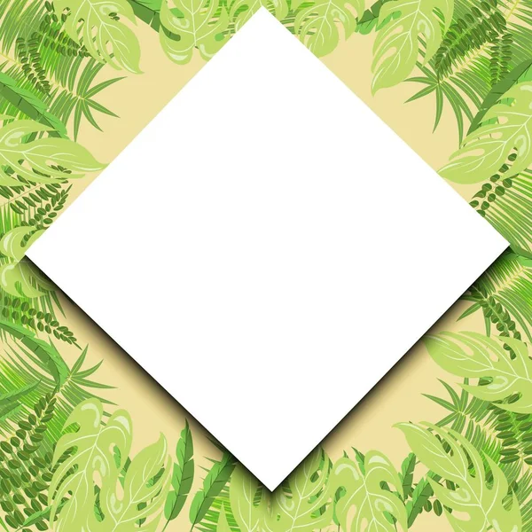 Moda tropikal yapılar, doğa vektörü posterini yeşil ışık renginde ortada da beyaz yaka posteri şeklinde bırakır. Yaz tropikal doğa palmiyesi açık yeşil ve sarı kum renklerinde poster tasarımı bırakır