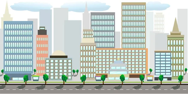 Moderne Vector Platte Cartoon Stadsgezicht Met Snelweg Trottoir Groene Bomen Vectorbeelden