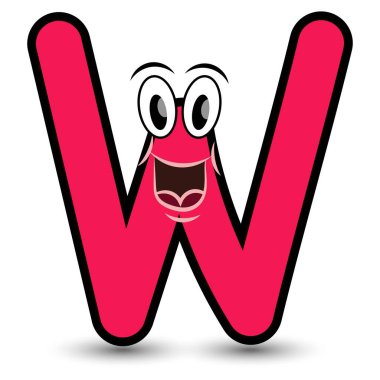 Komik el çizimi karikatür şekilli yazı tipi renkli harf W ve gülen yüz vektör alfabesi çizimi beyaza izole edilmiş. Çocukların öğrenmesi için iyi.