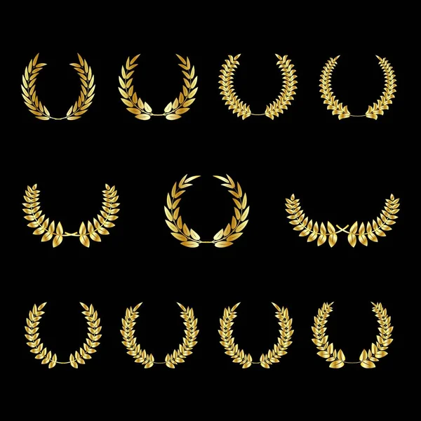 Altın ödüllü defne çelenkleri ve koyu arkaplandaki dallar, yeşillik, buğday ve zeytin çelenkleri için vektör illemesi bir ödül, başarı, habercilik, asalet, oyun devi, ödül, sanat dekorasyonu ve sertifika çözümü