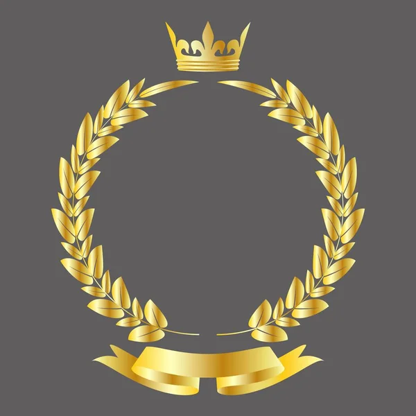 Altın taç ve kurdele pankartıyla ödüllendirilen altın defne çelengi gri arka planda izole edilmiştir.