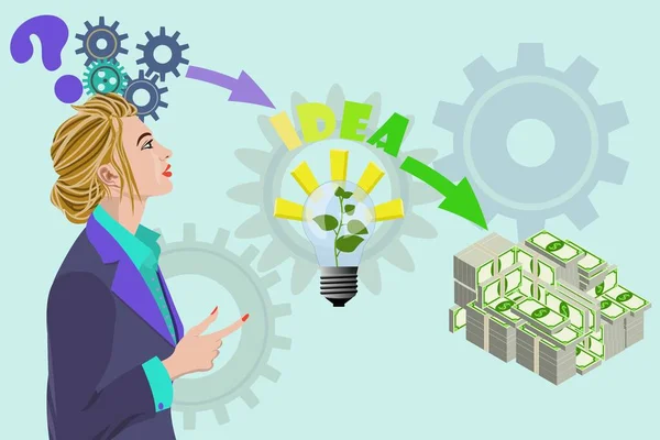 Para fikrini düşünen bir iş kadını. Başının üstünde dişli ve dişli vektör illüstrasyon kavramı, ok lambası fikri ve son olarak açık yeşil arka planda izole edilmiş büyük paketler.