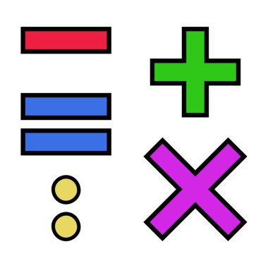 Renkli aritmetik işaretlerin vektör kümesi ekle, çıkar, çarp, böl, eşittir. Vektör illüstrasyonu beyaza izole edildi. Çocukların öğrenmesi için iyi.