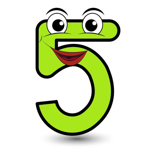 Komik el çizimi çizgi film stili yazı tipi renkli açık yeşil numara beş, gülen yüz vektör alfabesi çizimi beyaza izole edilmiş. Çocukların öğrenmesi için iyi.