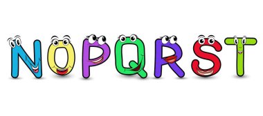 Renkli N O P Q R S T büyük harfli komik vektör alfabesi çizilmiş el yazı tipi. Vektör çizimi komik yüzlü bir harf.