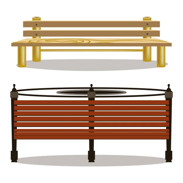 Beyaz arka planda izole edilmiş iki çeşit ahşap park bankı var. Açık hava dekorasyonu ve karikatür dekorları için vektör illüstrasyon bankları.
