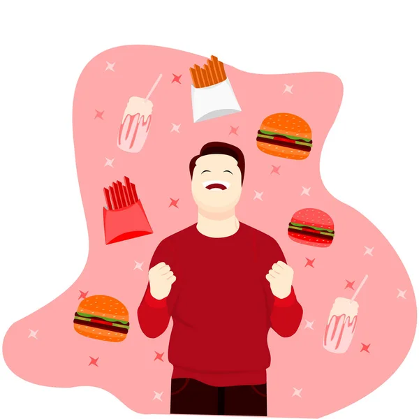 İnsanın düz tasarımı abur cubur ve pembe arka planla mutludur.