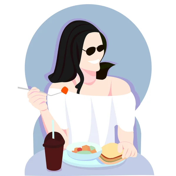 Kadın gülümsüyor ve sandviç yiyor, salata, düz dizaynlı milkshake