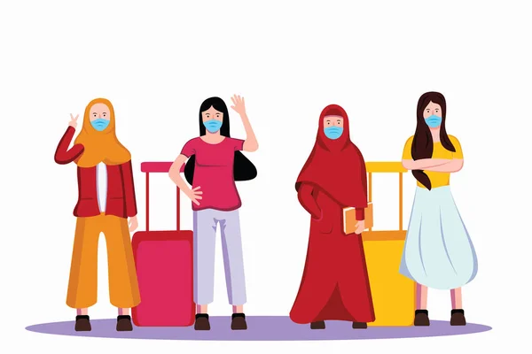 Bir grup gencin ve Müslümanın, sağlık protokolleriyle birlikte tatile hazırlandığı düz bir tasarım.