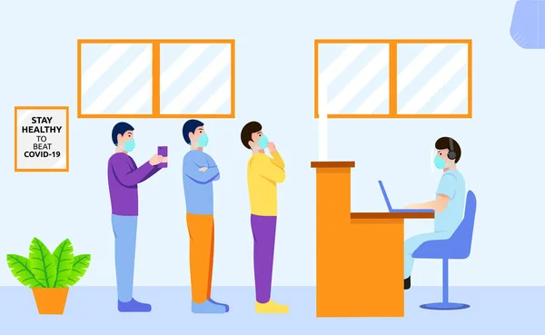 Koronavirüs salgını sırasında hastanede sağlık kontrollerini bekleyen insanların yassı tasarımı