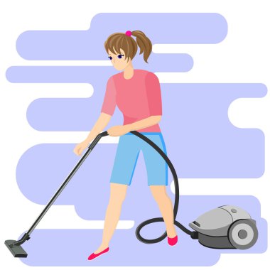 Elektrikli süpürge soyut mavi şekiller arka plan üzerinde kızla