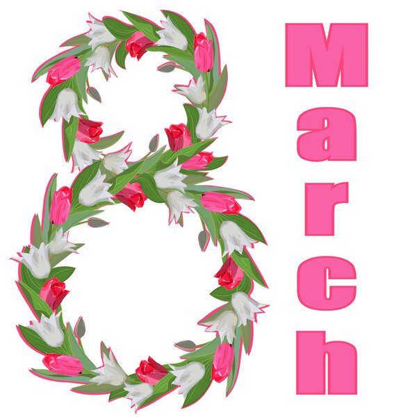 Congratulations on March 8, the figure of white and pink tulips isolated on a white background