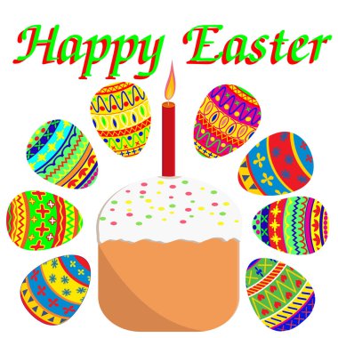 Mutlu Paskalya ve boyalı parlak yumurta ve yanan bir mum ile pasta görüntüsünü dileğiyle