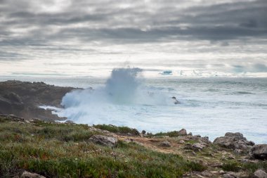 Atlantik Okyanusu kayalık sahil şeridi. Algrave Portekiz