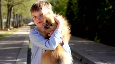 Küçük bir çocuk pomeranian Spitz yavrusu yla oynuyor. Onu sev, sarılmak ve okşayarak.