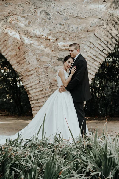 Novia y novio abrazándose en el parque — Foto de Stock