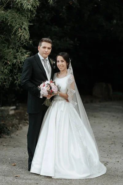 Casal de casamento clássico sorrindo incrível. Bonita noiva e noivo elegante no dia do casamento . — Fotografia de Stock