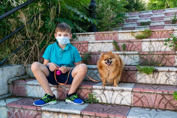 Coronavirus covid-19 concept. A little children boy in a medical mask walks with a dog. Children wearing medical face mask outdoor. New reality. Stock Picture