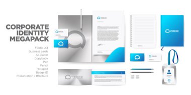 Logo marka ile kurumsal kimlik tarzı. Kartı, A4 klasör ve mektup, sunum ve rozet, zarf ve kitap ziyaret edin. İleti örneği Mockup Megapack Set vektör. Mavi renk.