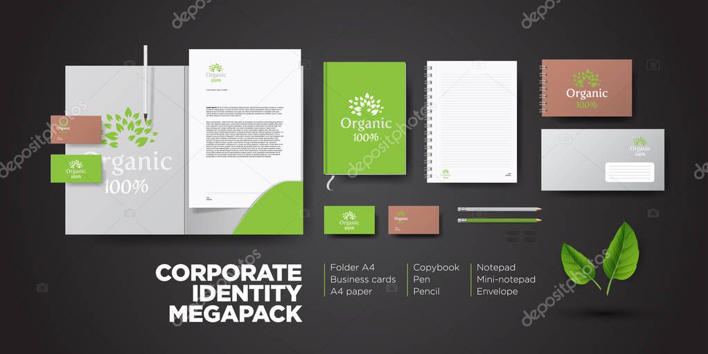 Corporate branding identity natural organic eco design. Stationery mockup vector megapack set. Template for vegan, flower shop or nature company. Folder and A4 letter, visiting card and envelope.