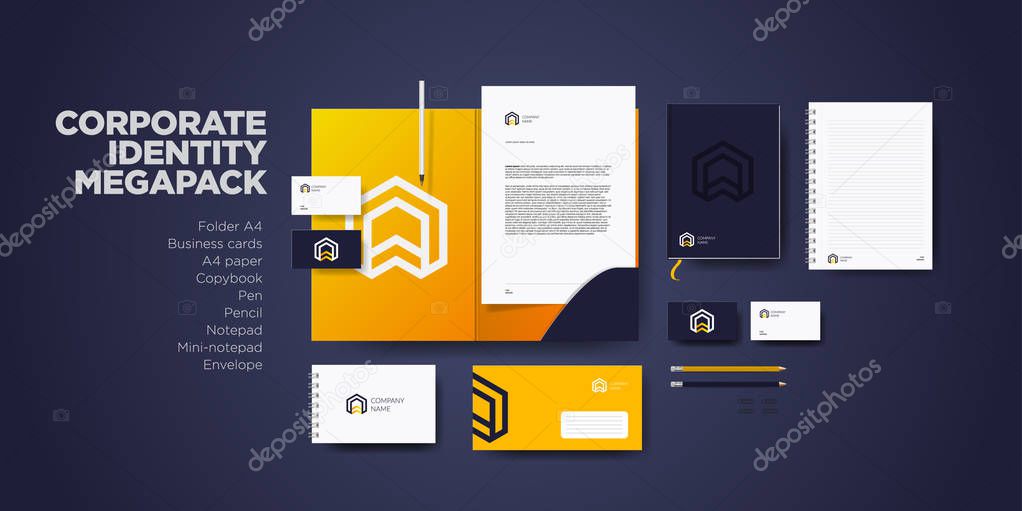 Corporate branding identity design. Stationery mockup vector megapack set. Template for industrial or technic company. Folder and A4 letter, visiting card and envelope.