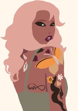 Biracial veya çok ırklı trendy moda kız Lifestyle İllüstrasyon. kahverengi tenli kadın eğleniyor. Kız gücü kavramı.